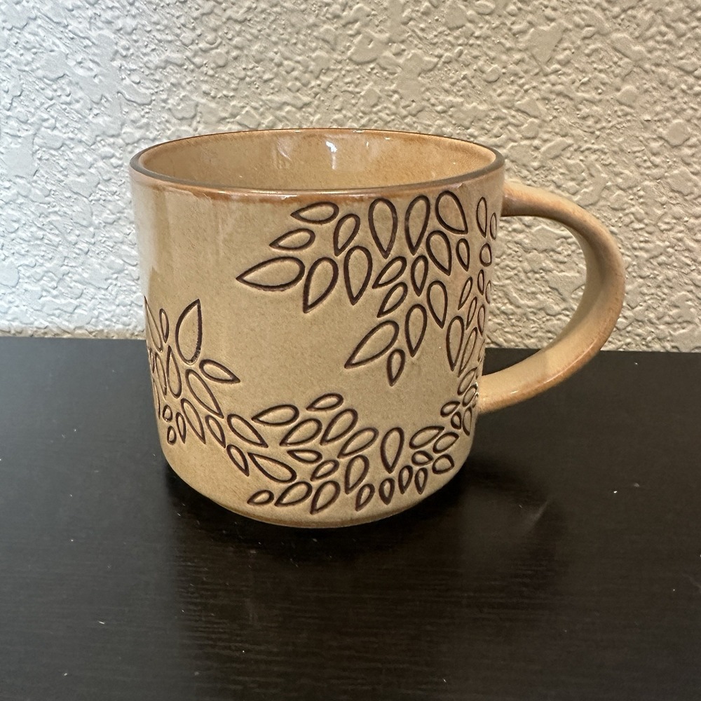 Starbucks Tan Embossed Leaves Coffee Mug 2013 Autumn Neutral Brown